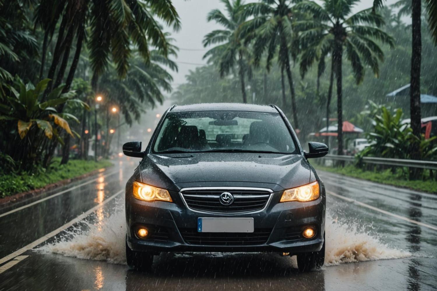 Car driving through monsoon rain